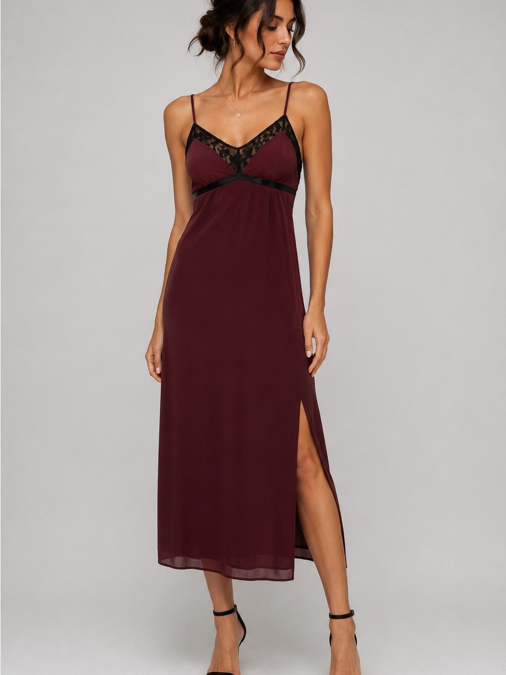Zara Burgundy Lace Midi Dress 100% Viscose Side Slit NWOT M